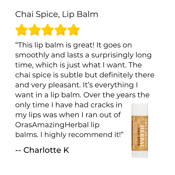 Chai Spice lip balm with a five-star rating and customer review on a white background