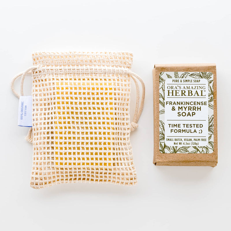 Frankincense and Myrrh Soap 4.5oz Lifestyle Indoor Soap in Bag Texture