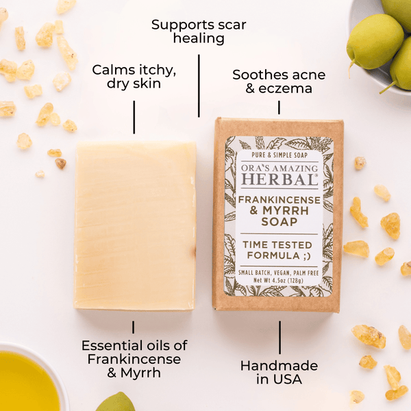 Frankincense and Myrrh Soap with Box Lifestyle Indoor Texture Benefits Infographic