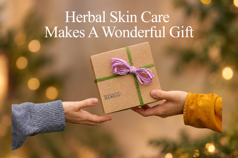 A small brown kraft gift box tied with a green ribbon and purple bow is being handed over from one person to another. Large text at the top reads 'Herbal Skin Care Makes A Wonderful Gift.