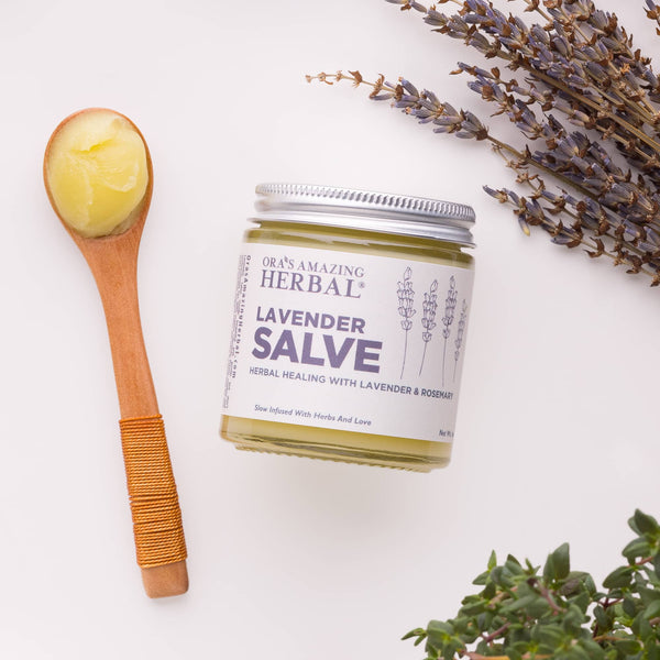 Lavender Salve 4oz Lifestyle Indoor Texture Herbs