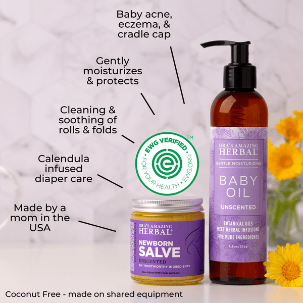 Newborn Salve and Baby Oil Set Full Size Lifestyle Indoor Calendula Flowers EWG Verified Benefits Infographic