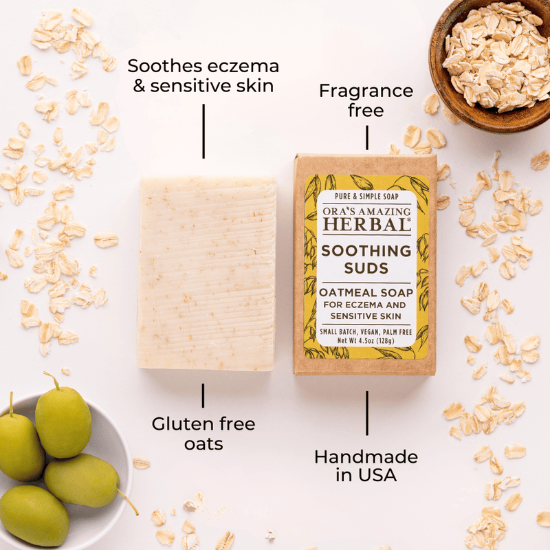 Soothing Suds Oatmeal Soap with Box Lifestyle Indoor Texture Benefits Infographic
