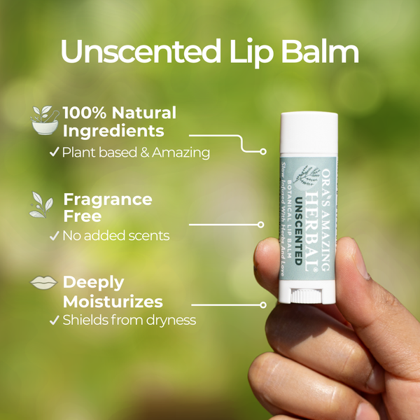 Unscented lip balm with natural ingredients and plant-based formula, held by a hand against a green blurred background.