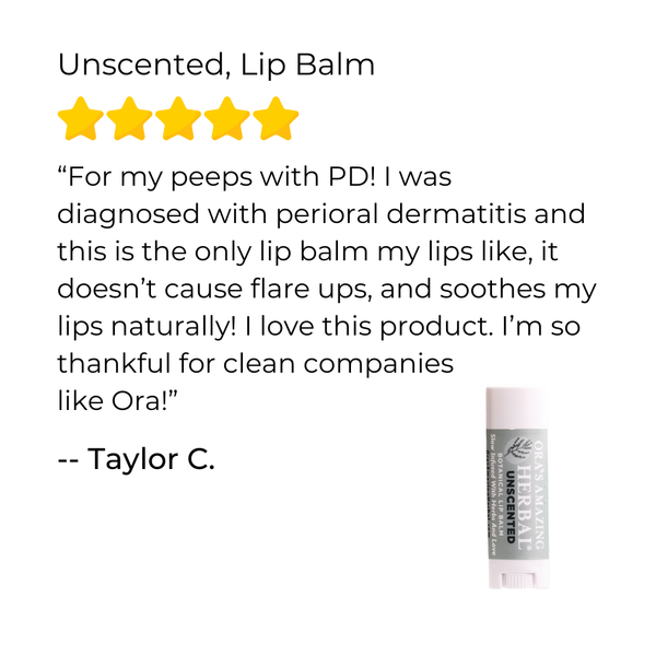 Lip balm with a five-star rating and customer review on a white background