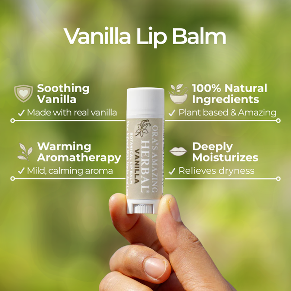 Vanilla Lip Balm Benefits Infographic Hand Held By a Human Hand with an Outdoor Background.