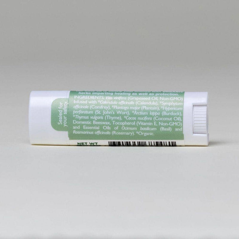 Basil Rosemary Lip Balm White Background With Shadows Label Back