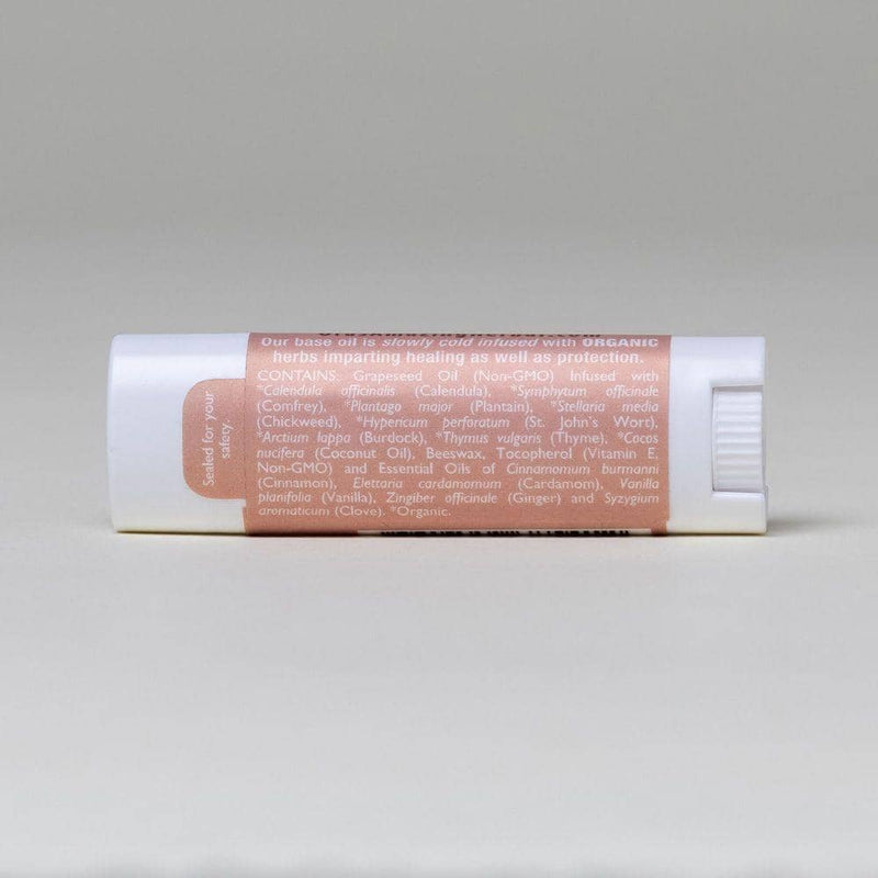 Chai Spice Lip Balm White Background with Shadows Ingredients Back Label