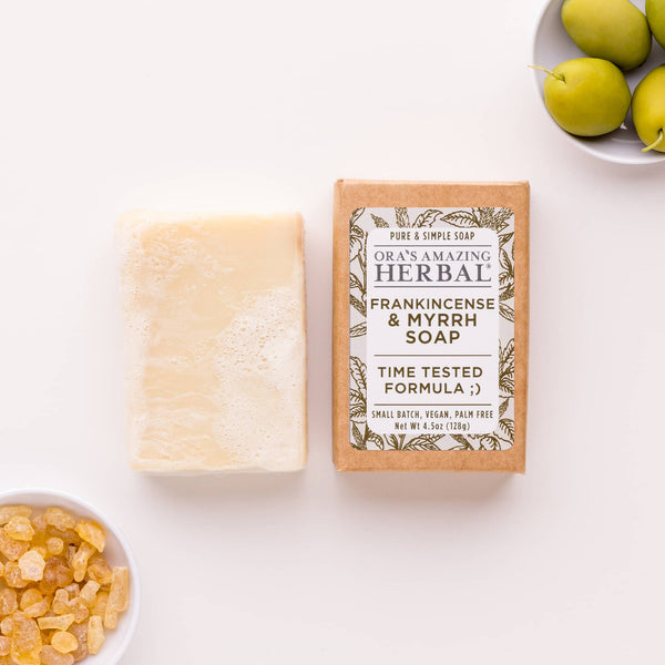 Frankincense and Myrrh Soap 4.5oz Bar Lifestyle Indoor Herbs Texture