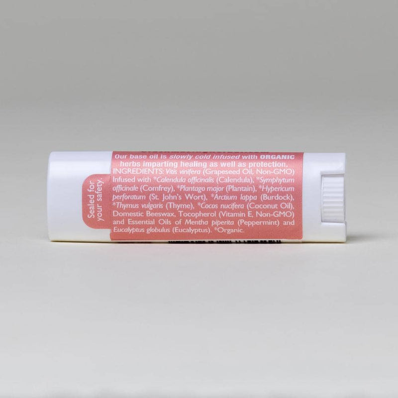 Mintyliptus Lip Balm White Background with Shadows Ingredients Label Back