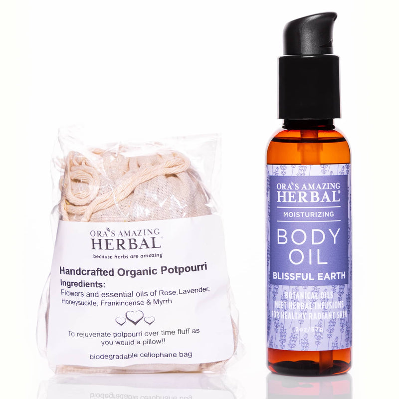Potpourri and Blissful Earth Body Oil Set with Cellophane White Background