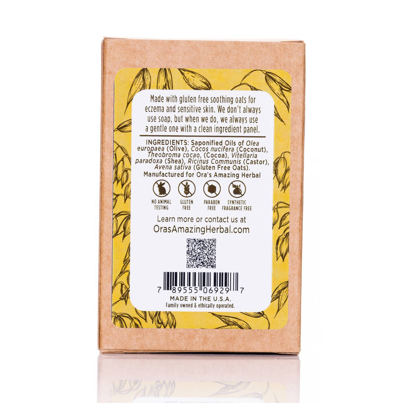 Soothing Suds Oatmeal Soap 4.5oz Bar Back Label Ingredients White Background