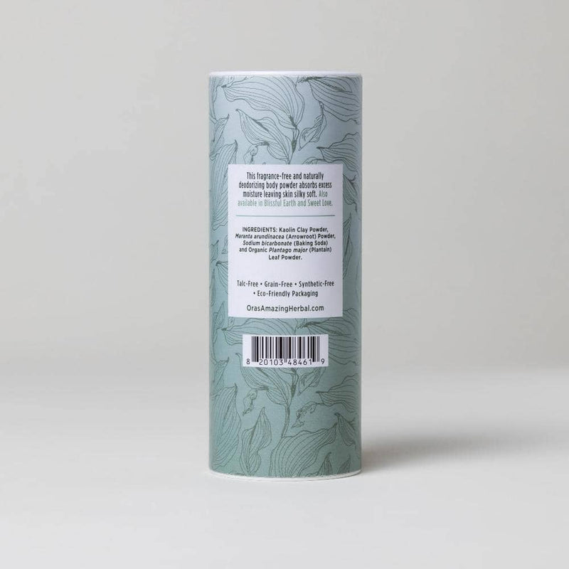 Unscented After Shower Powder and Oil Set Unscented Body Powder 2.5oz Back Label White Background with Shadows