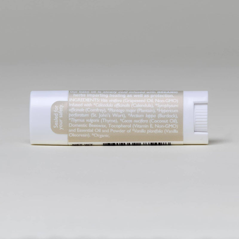Vanilla Lip Balm White Background with Shadows Ingredients Label Back