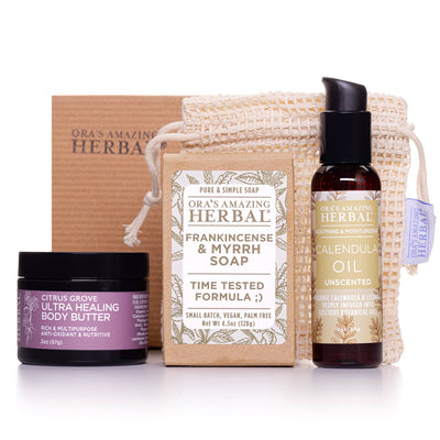 KP Be Gone Set 2oz Citrus Grove Body Butter Frankincense and Myrrh Soap 2oz Calendula Oil and Cotton Soap Saver Bag White Background with Box