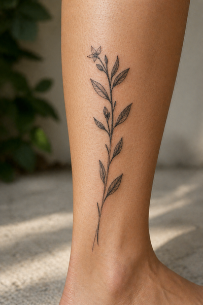 Tattoo of a leaf design on a person's leg with a natural background