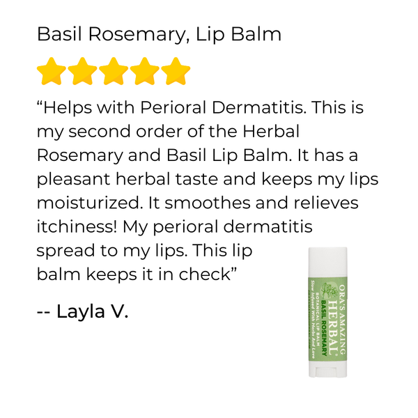 Basil Lip balm product with customer review and rating on a white background