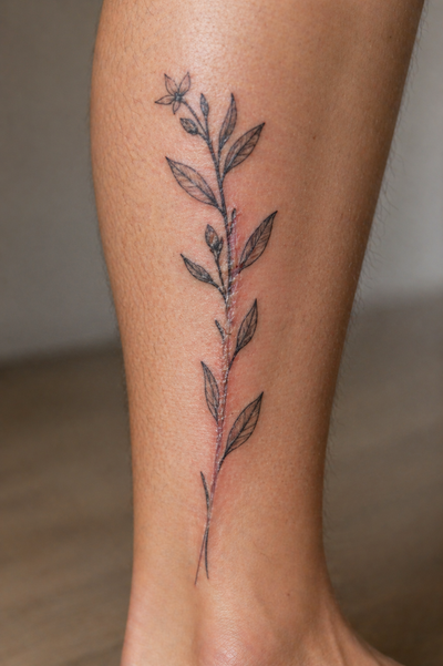 Tattoo of a leafy design on a person's leg with a neutral background