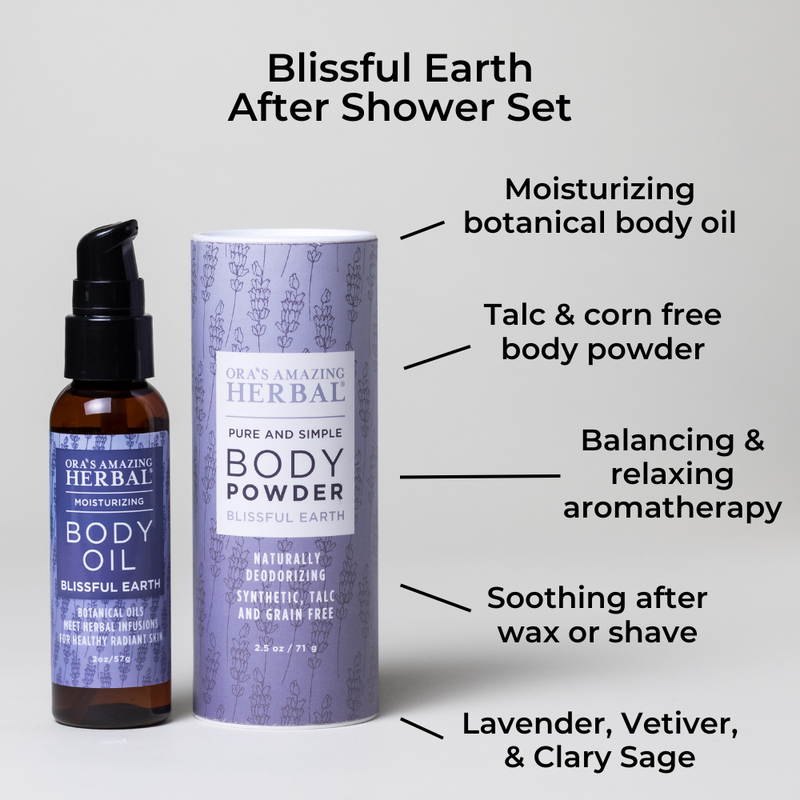 Blissful Earth After Shower Set White Background with Shadows Benefits Infographic