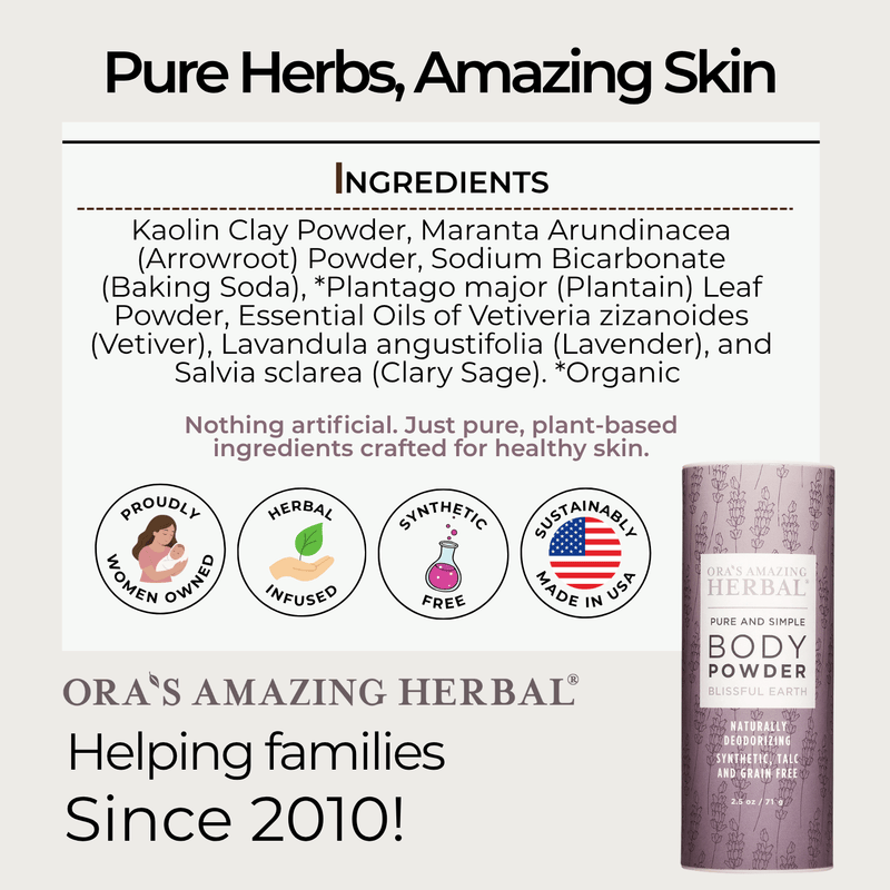 Blissful Earth Body Powder 2.5oz Informative Ingredients Tile