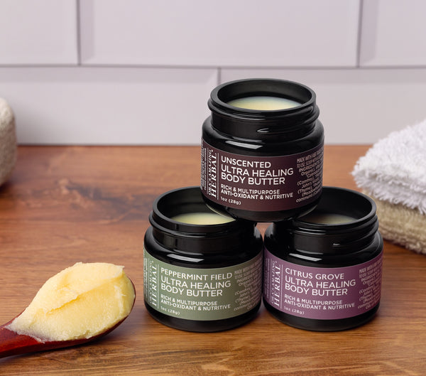 Body Butter Variety 3 Pack 1oz Lifestyle Indoor on Counter no Lids Texture