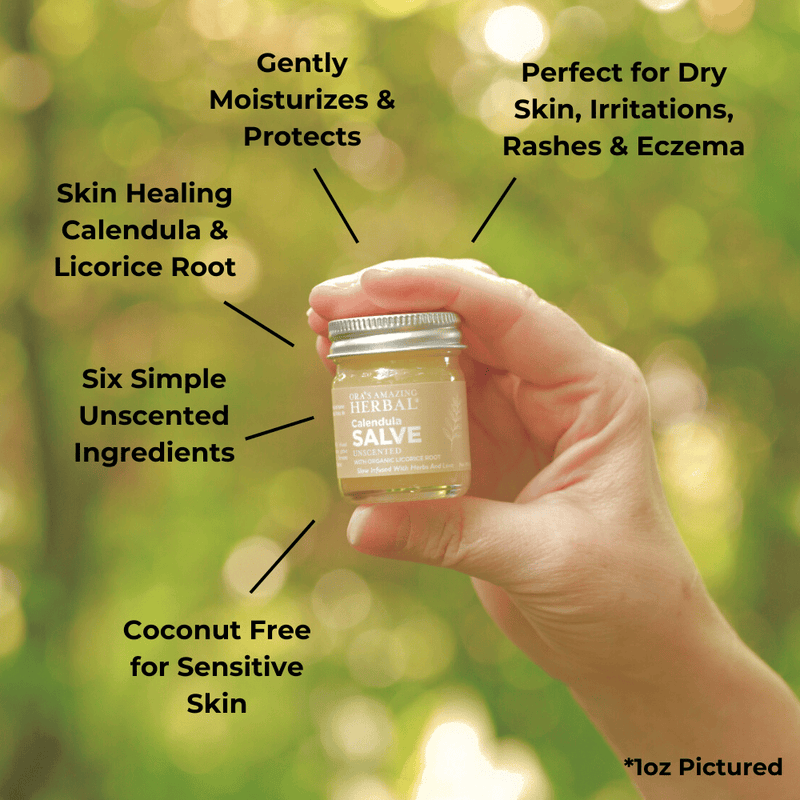 Calendula Salve 1oz Lifestyle Outdoor Human Hand Benefits Infographic