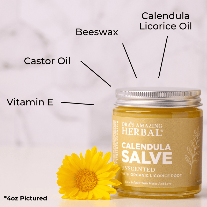 Calendula Salve 4oz Lifestyle Indoor Infographic Ingredients