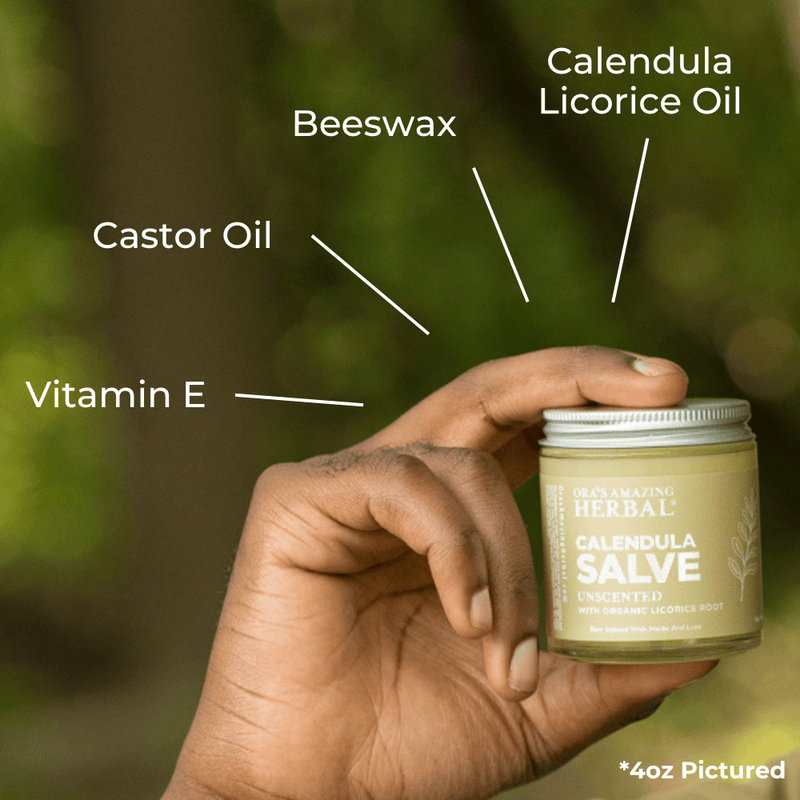 Calendula Salve 4oz Lifestyle Outdoor Infographic Ingredients