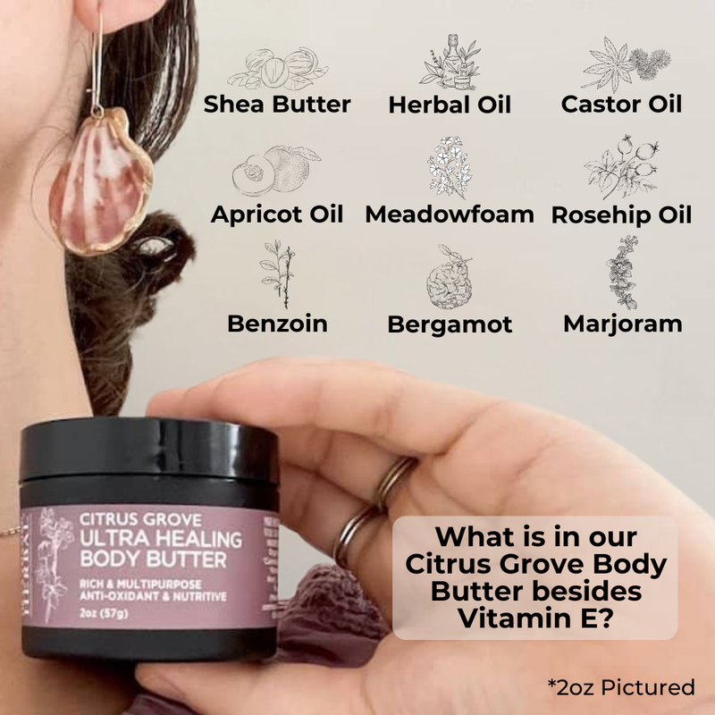 Citrus Grove Body Butter 2oz Lifestyle Indoor Human Hand Ingredients Infographic
