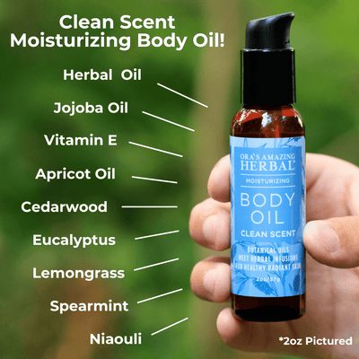 Clean Scent Body Oil 2oz Lifestyle Outdoor Ingredients Infographic