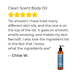 Bottle of Clean Scent Body Oil with a five-star rating and customer review on a white background