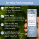 Clean scent body powder sized 2.5 oz with usage instructions and icons on a green leafy background.