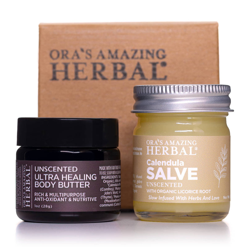 Coconut Free Eczema Cream Salve and Butter Unscented Eczema Care Set 1oz Butter and 1oz Salve White Background with Gift Box