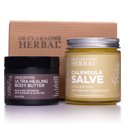 Coconut Free Eczema Cream Salve and Butter Unscented Eczema Care Set 2oz Butter and 4oz Salve White Background with Gift Box