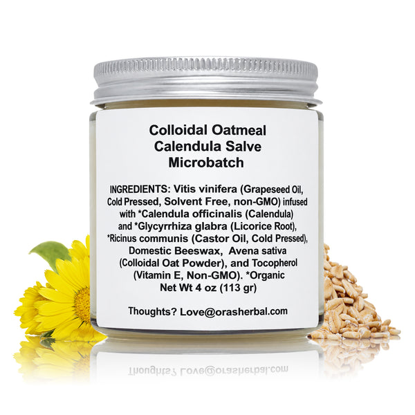 Colloidal Oatmeal Salve 4oz Lifestyle White Background Herbs Calendula and Oatmeal