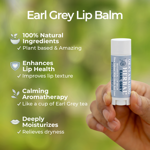 Earl Grey Lip Balm Benefits Infographic Hand Held By Human Hand with Outdoor Background.