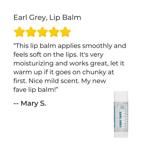 Earl Grey Lip balm product with customer review and rating on a white background