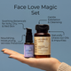 Face Love Magic Set held in a hand with text describing their benefits in a blue background.