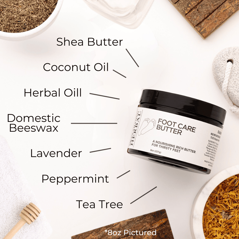 Foot Care Butter 8oz Lifestyle Indoor Herbs Ingredients Infographic