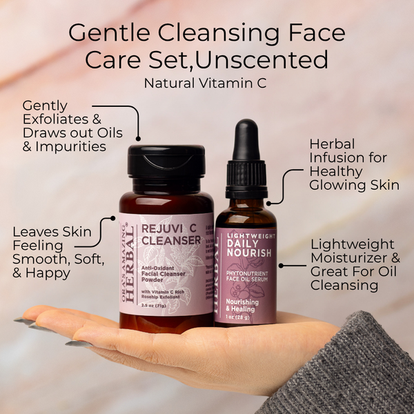 Rejuvi C Cleanser and Lightweight Daily Nourish, held in a hand with text describing their benefits.