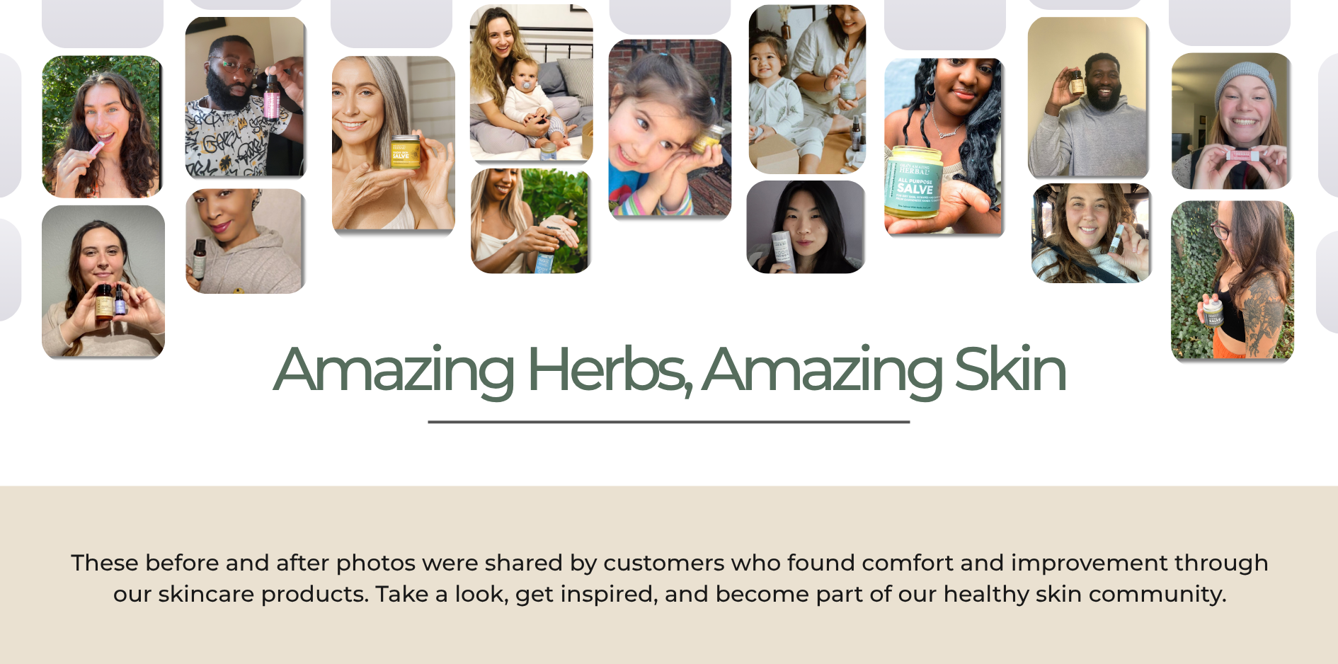 Collage of people using skincare products with text 'Amazing Herbs, Amazing Skin' and customer testimonials.