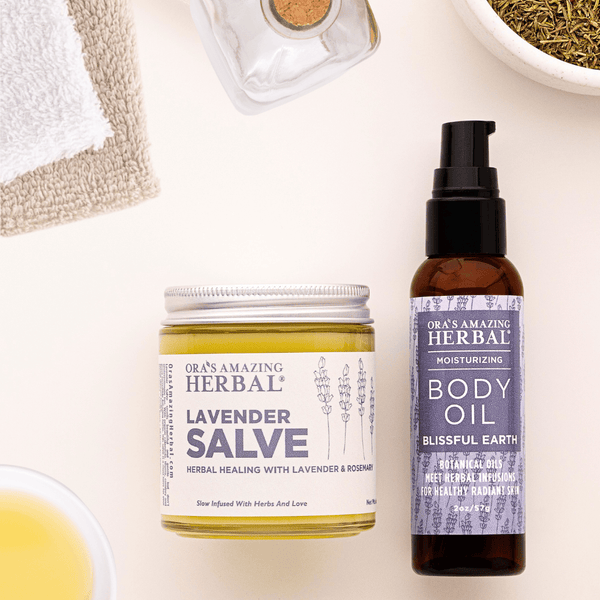Lavender Love Set 4oz Lavender Salve and 2oz Blissful Earth Body Oil Lifestyle Indoor Texture Herbs 