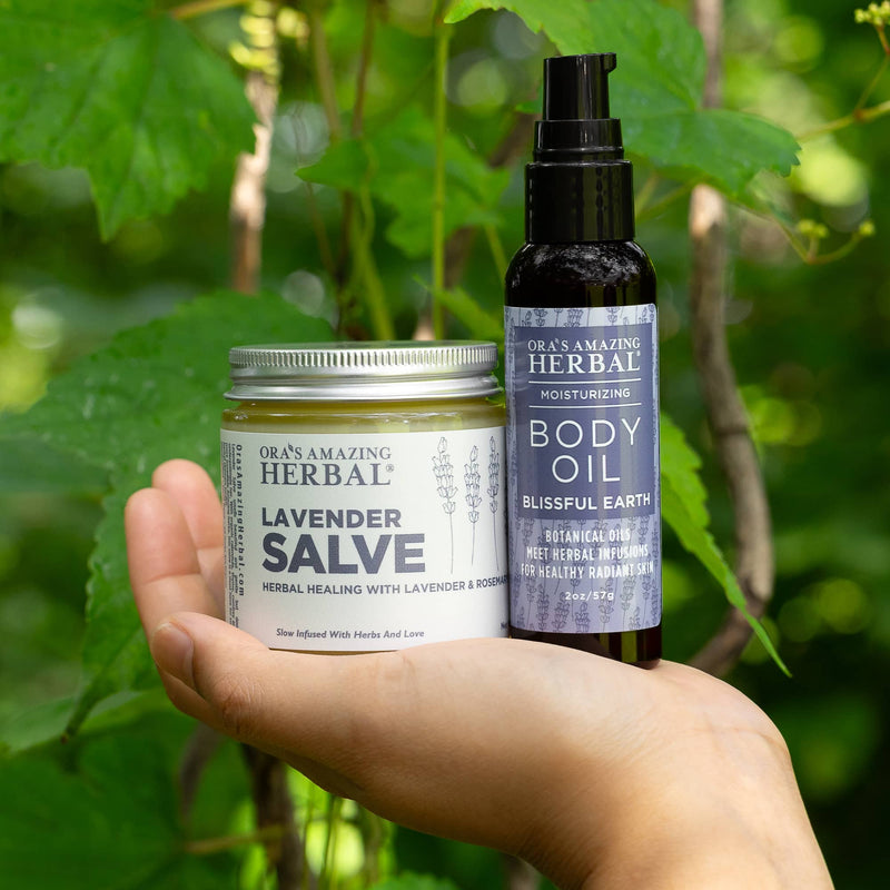 Lavender Love Set 4oz Lavender Salve and 2oz Blissful Earth Body Oil Lifestyle Outdoor Human Hand