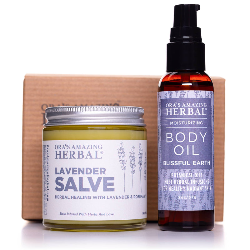 Lavender Love Set 4oz Lavender Salve and 2oz Blissful Earth Body Oil White Background with Box