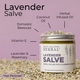 Lavender Salve with ingredients listed on a purple background