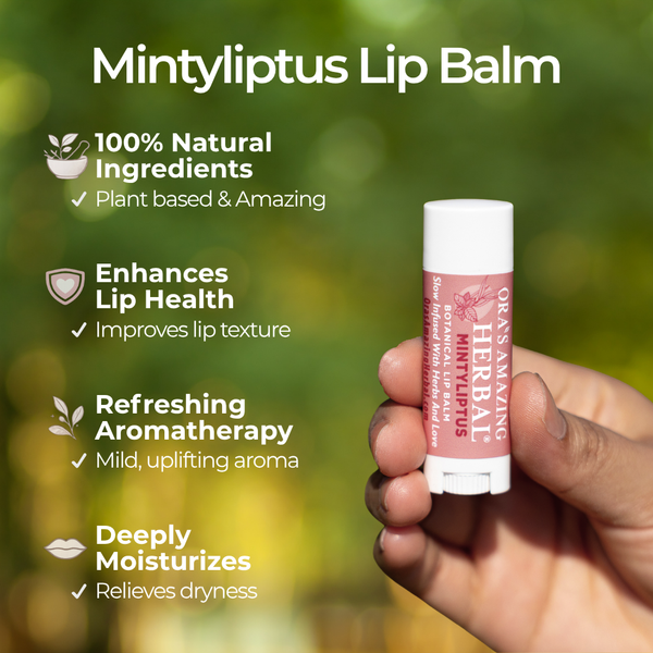 Mintyliptus Lip Balm Benefits Infographic Hand Held by a Human Hand with an Outdoor Background.