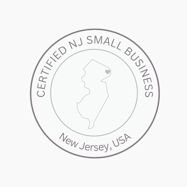 A circular gray seal on a white background reading 'CERTIFIED NJ SMALL BUSINESS' with 'New Jersey, USA' below and a map outline of New Jersey in the center.