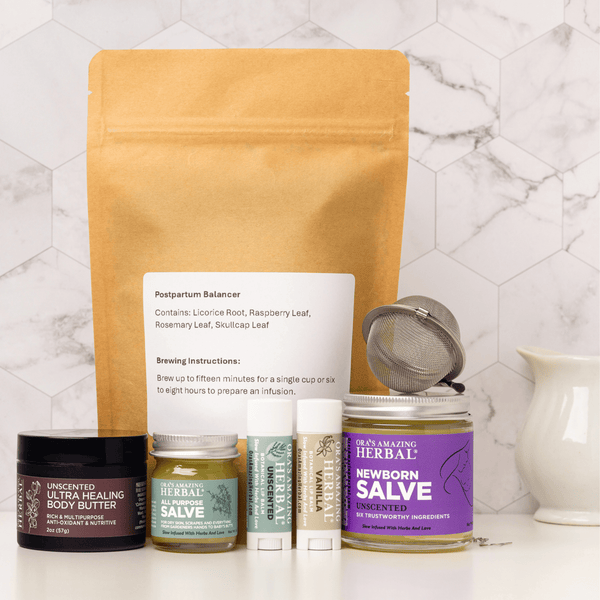 New Mama Gift Set with Tea Set Lifestyle on Bathroom Counter Back of Tea Bag Square