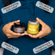 Photo of salve and butter set held by a model with labels overlayed on the image showing benefits