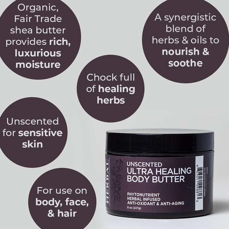 Photo of the eczema cream salve and butter unscented eczema care set unscented body butter bubble image infographic with benefits